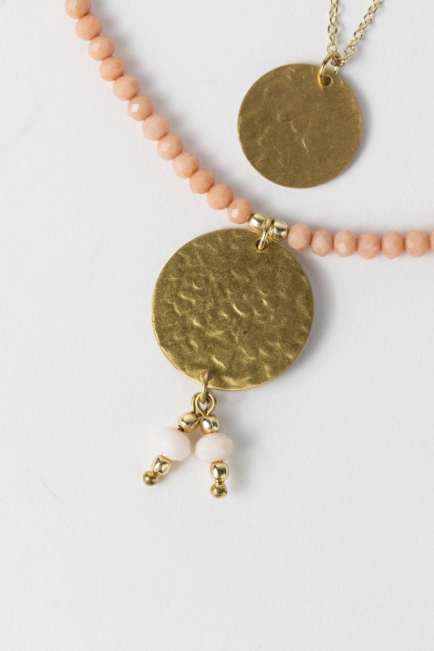 Necklace convertible discs br/glass 17L gold/pink