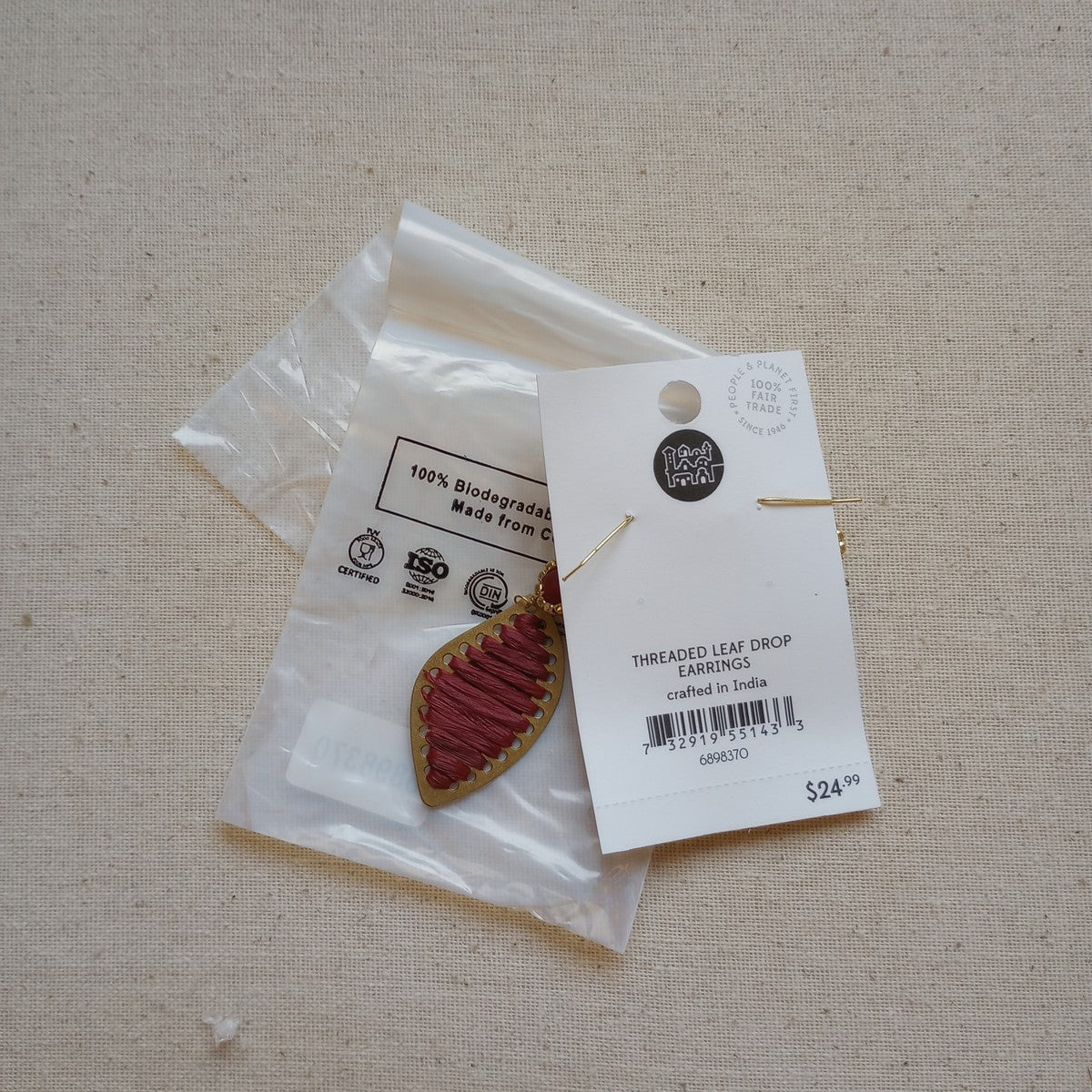 Earrings threaded raffia/brass 2.5L red/gold
