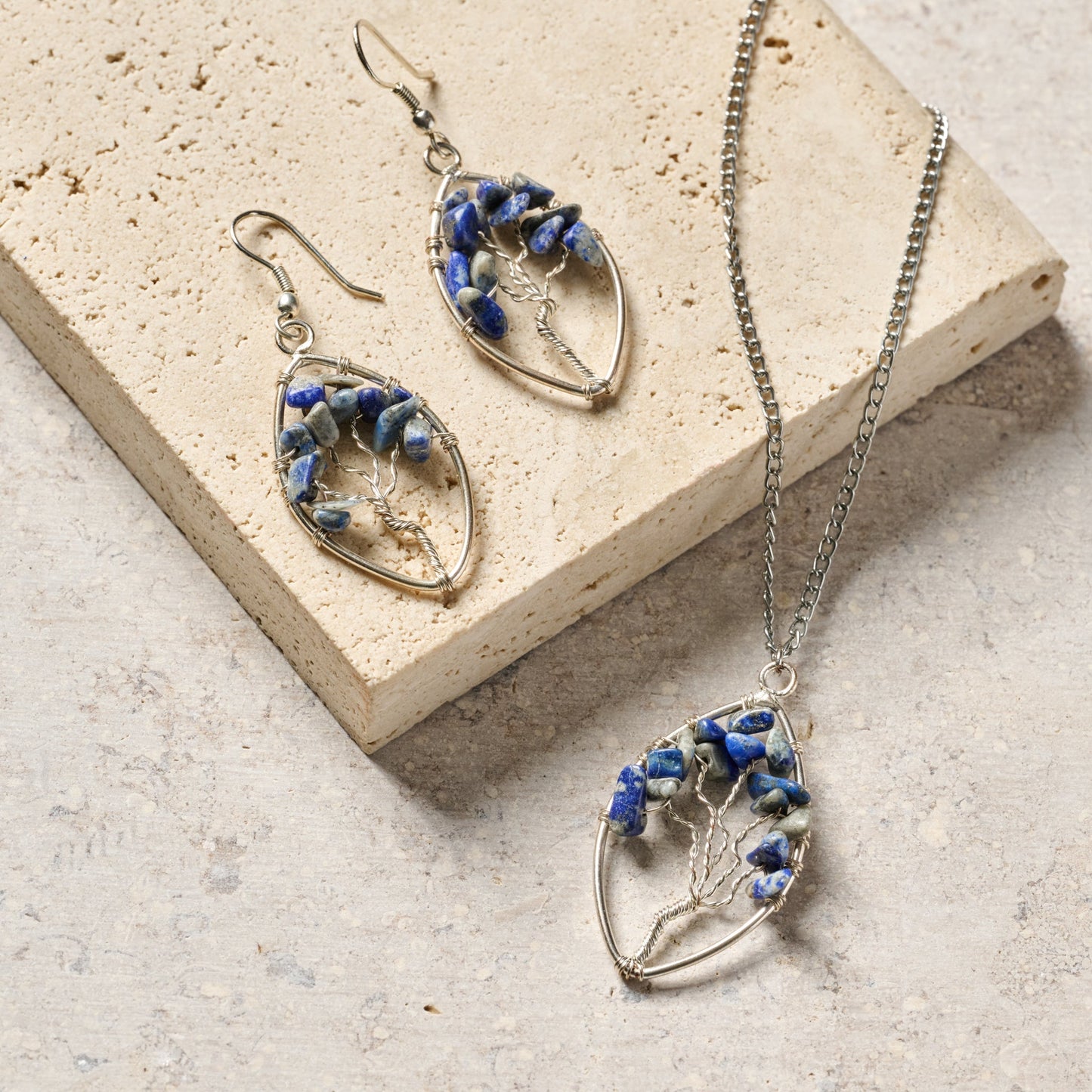 Earrings tree wire oval br/lapis 2L silv/blu/gry