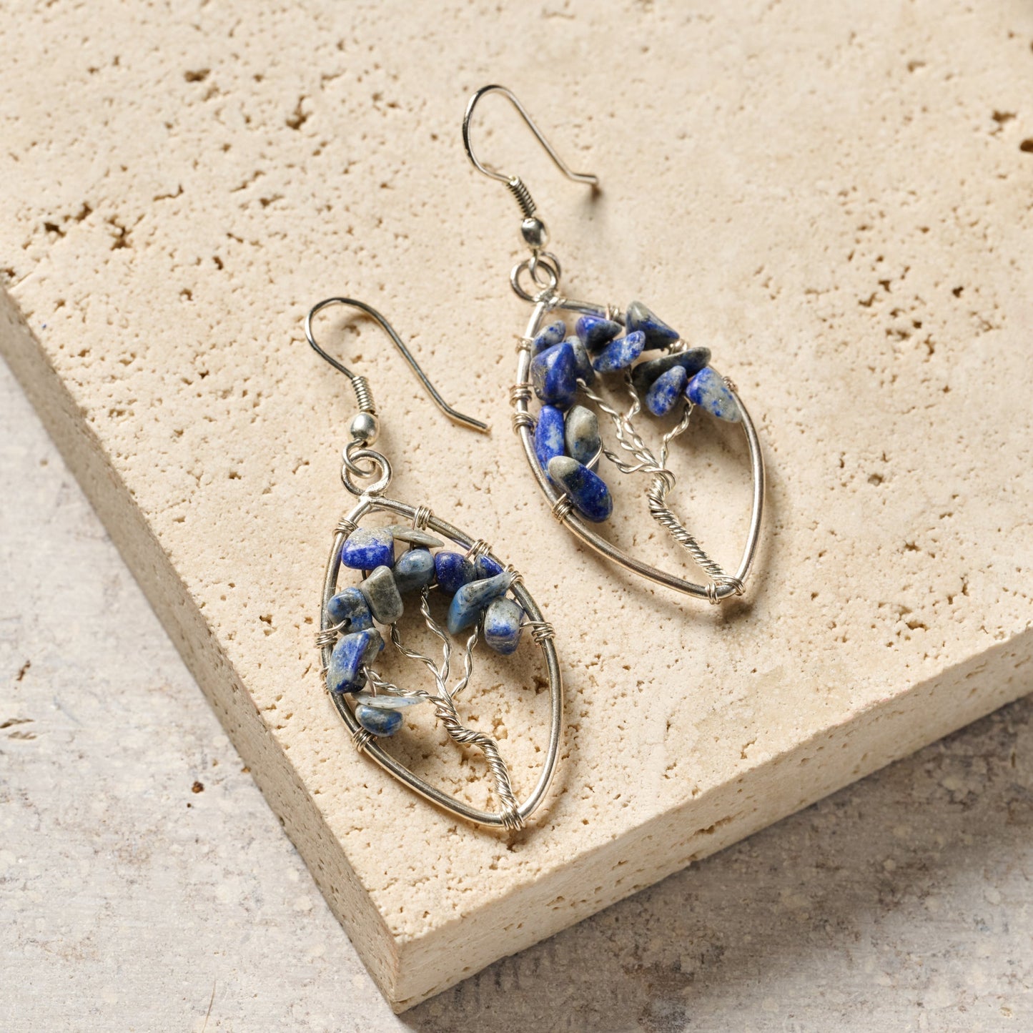 Earrings tree wire oval br/lapis 2L silv/blu/gry