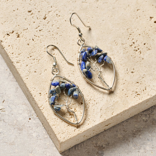 Earrings tree wire oval br/lapis 2L silv/blu/gry