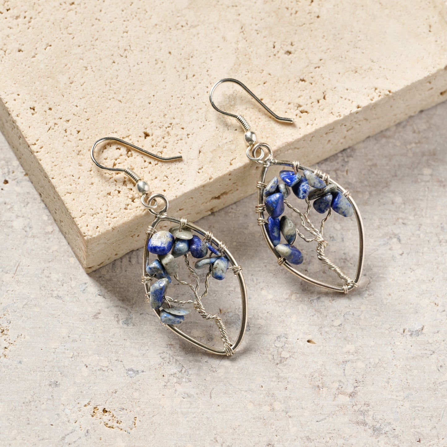 Earrings tree wire oval br/lapis 2L silv/blu/gry