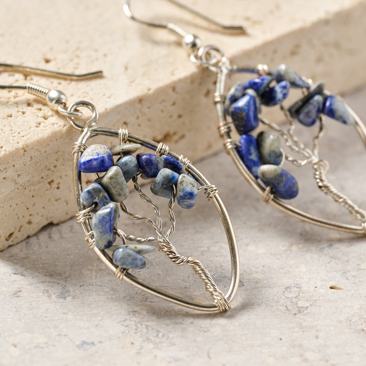Earrings tree wire oval br/lapis 2L silv/blu/gry