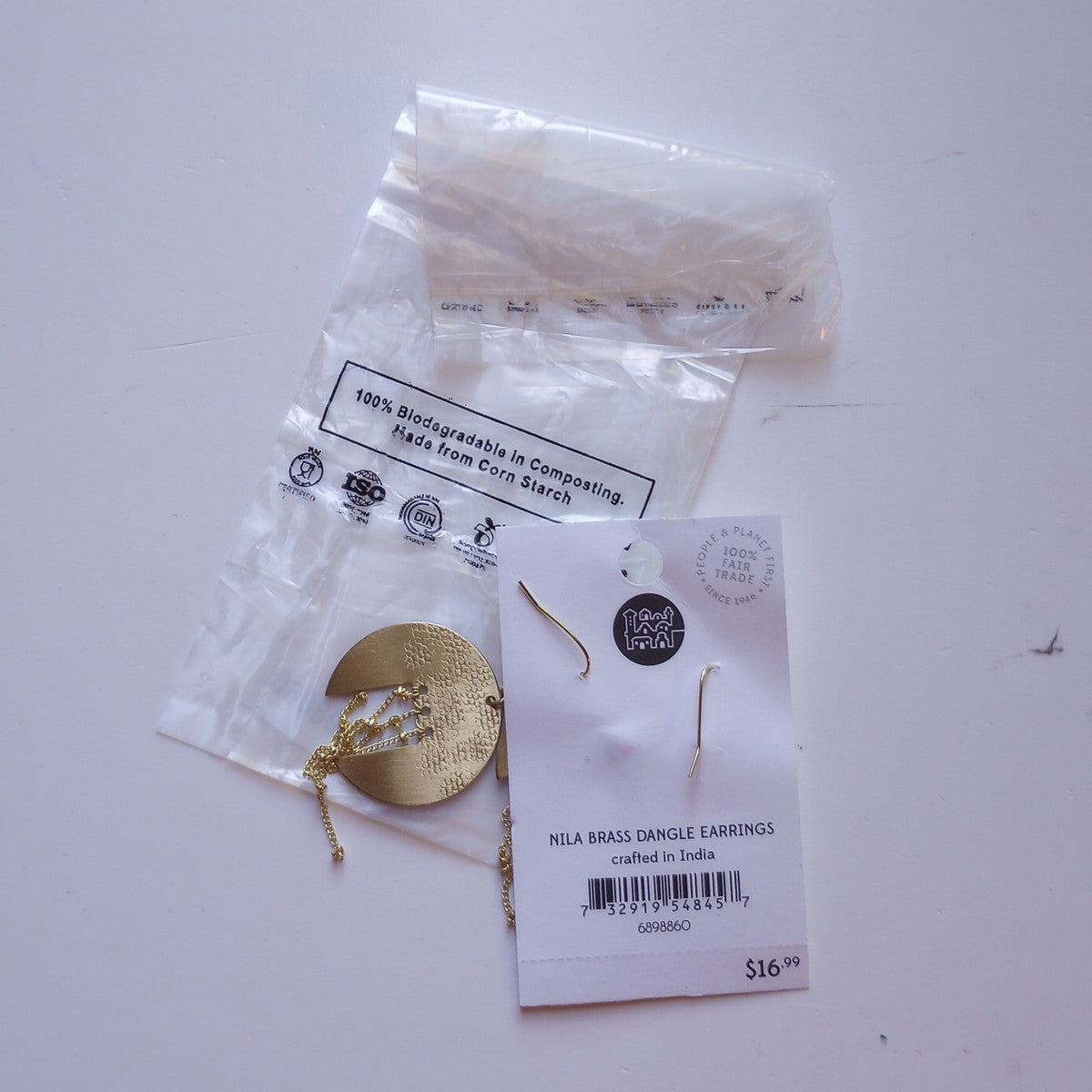 Earrings dangle disc w/fringe br/prl 3L gld/wht