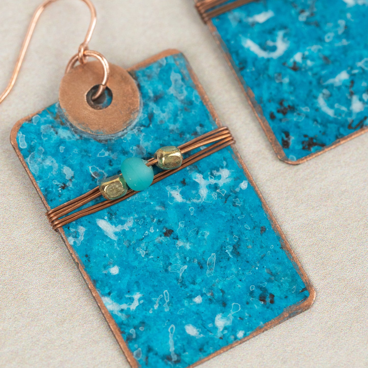 Earrings dangle rect brass 2L turq/brass