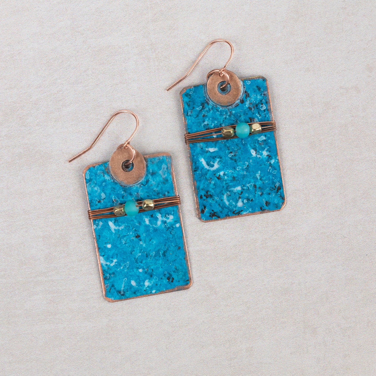 Earrings dangle rect brass 2L turq/brass