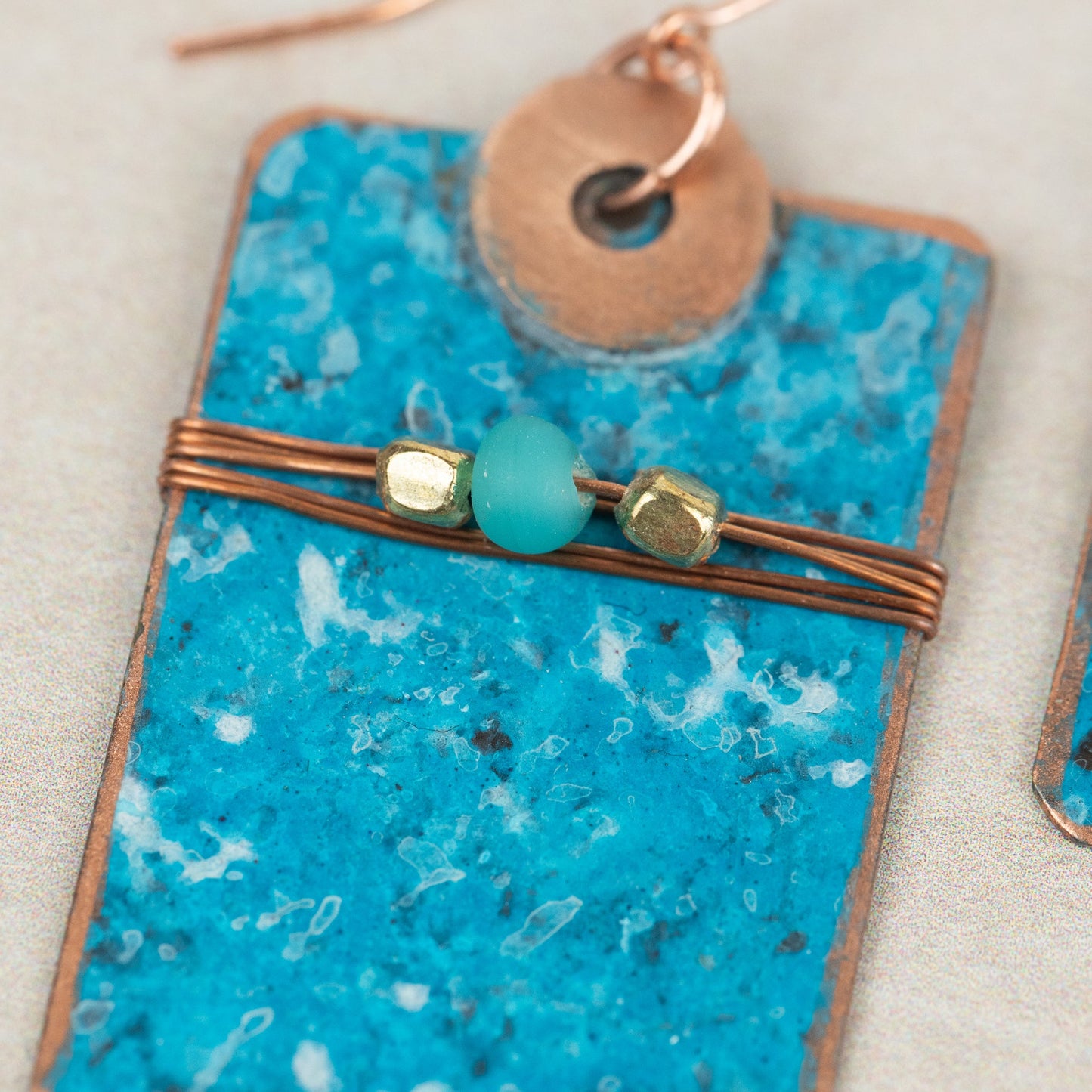 Earrings dangle rect brass 2L turq/brass