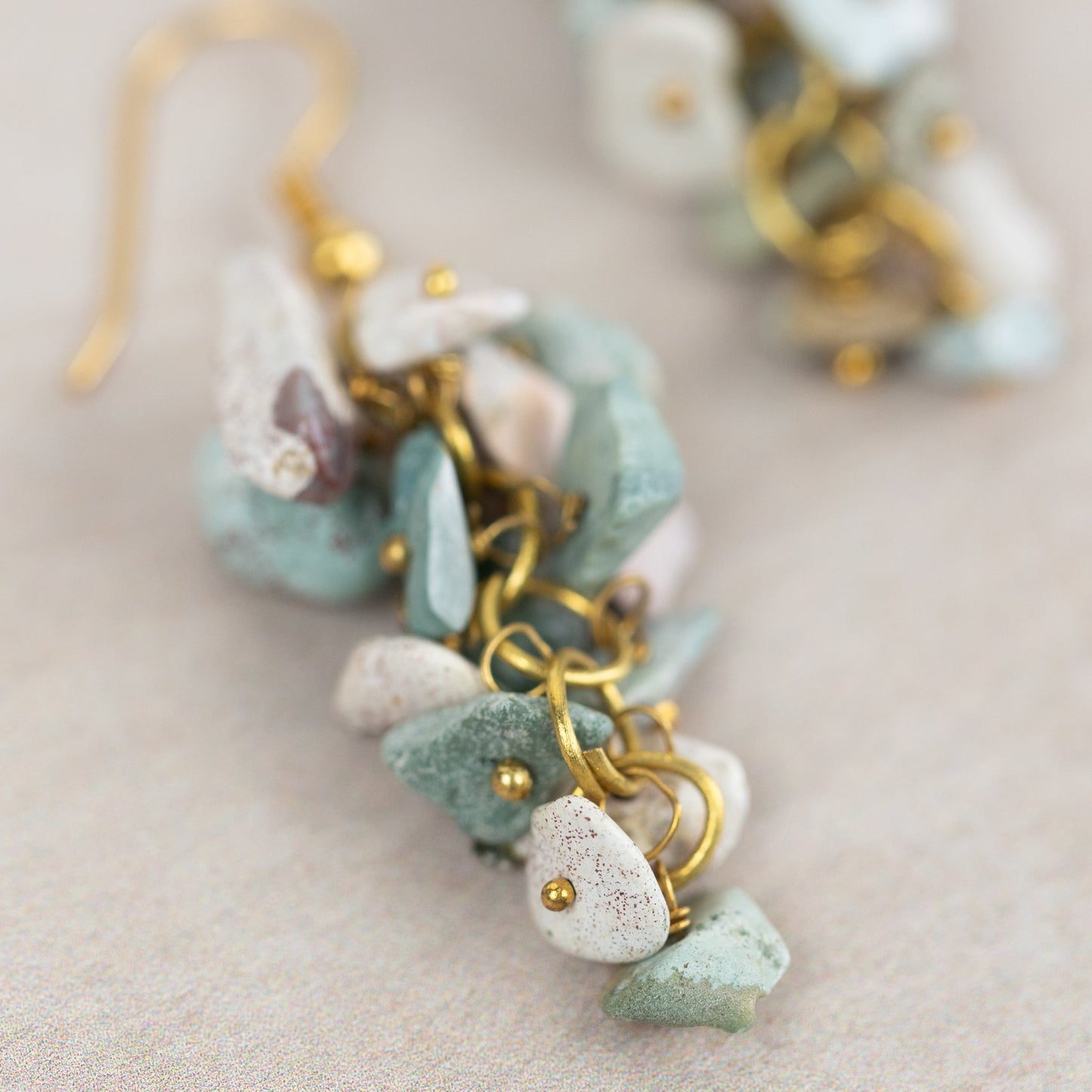 Earrings dngle cluster firoza/turq/br 2L gld/grn