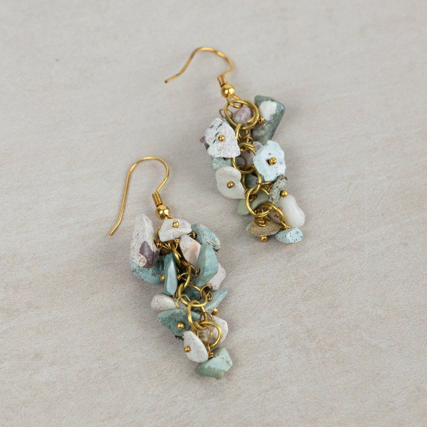 Earrings dngle cluster firoza/turq/br 2L gld/grn
