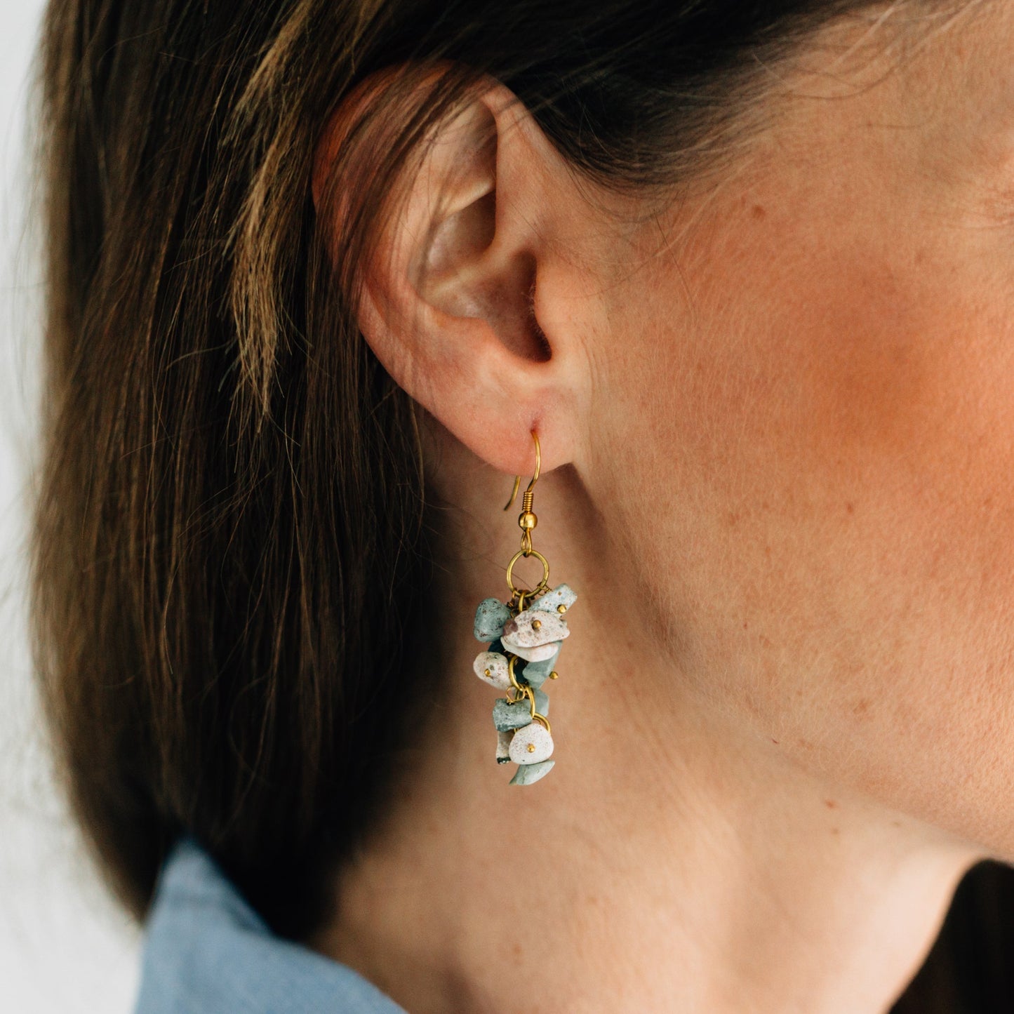 Earrings dngle cluster firoza/turq/br 2L gld/grn
