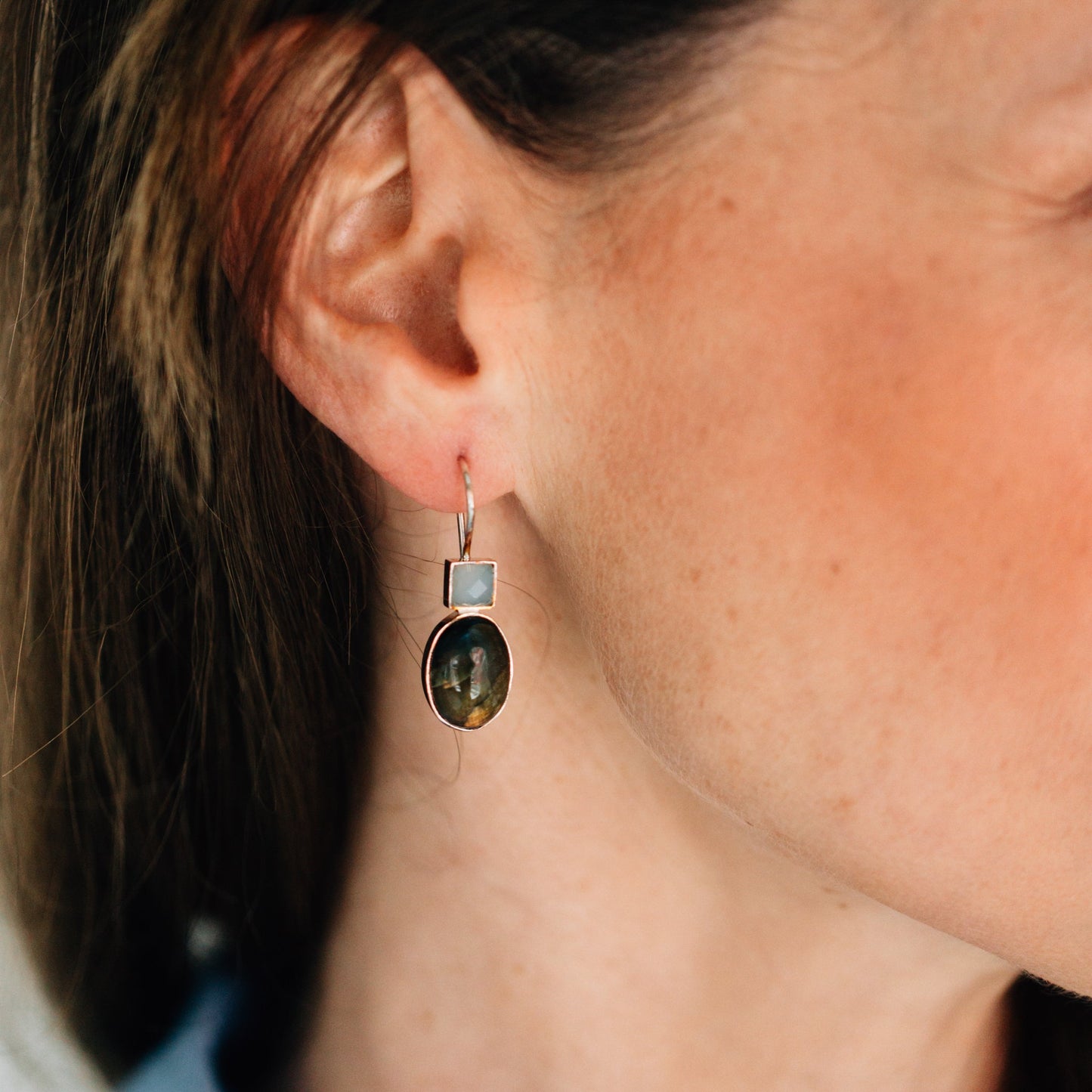 Earrings dngl sq/ovl strlg silv/stn 1.5L silv/gray