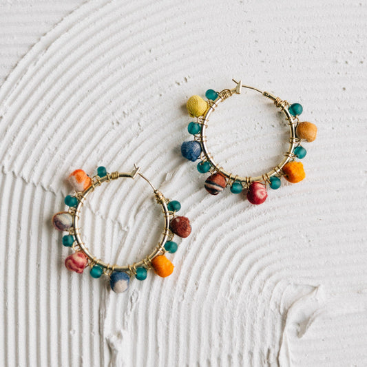 Earrings hoop w/clth bd sari/br/glss 1.5D br/multi