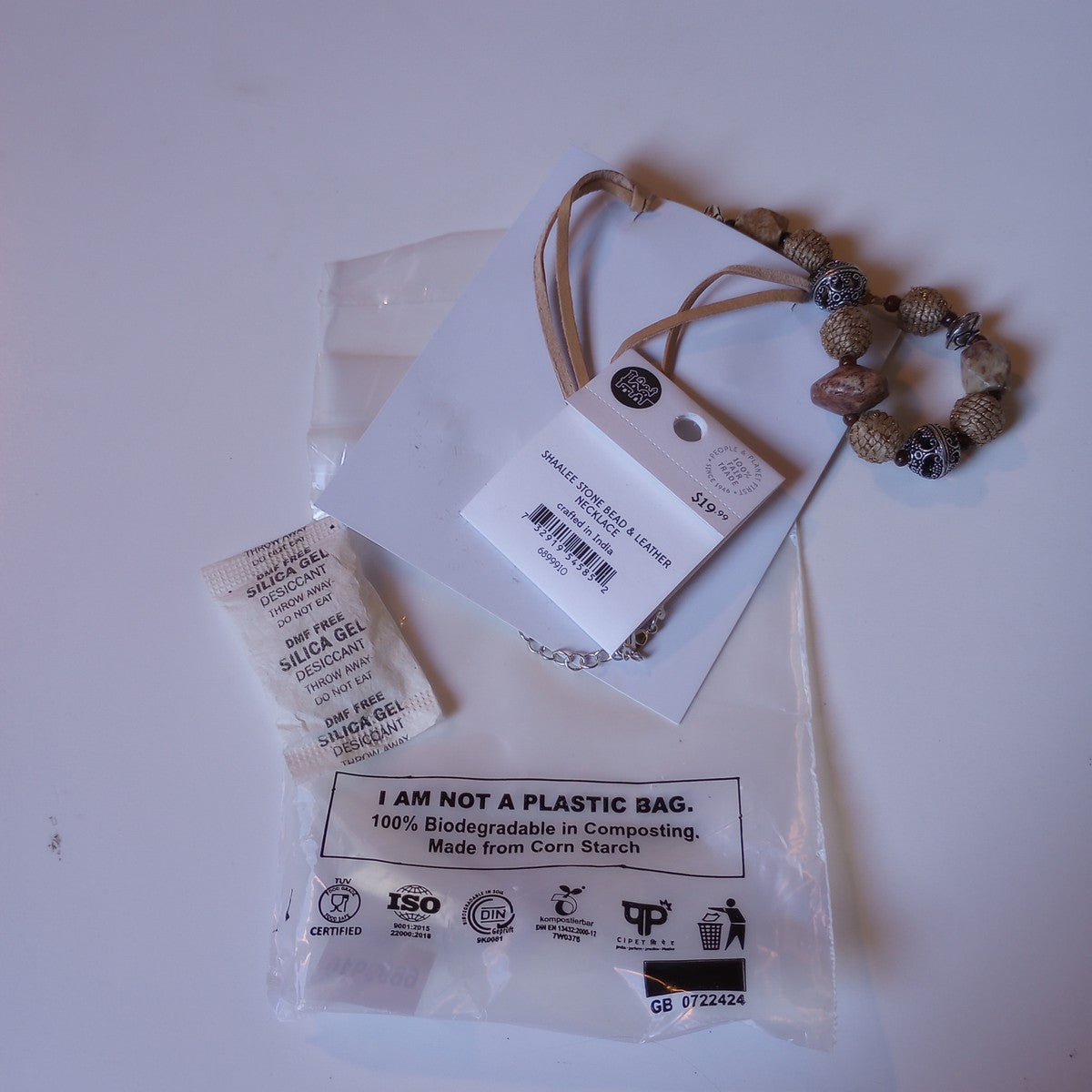 Necklace chnk bead stn/jute/brss/lthr 20L nat/silv