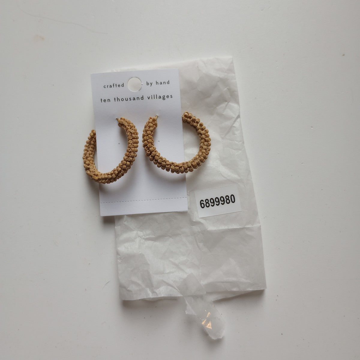 Earrings hoop w/micro bead wood/brass 1.5D br/brn