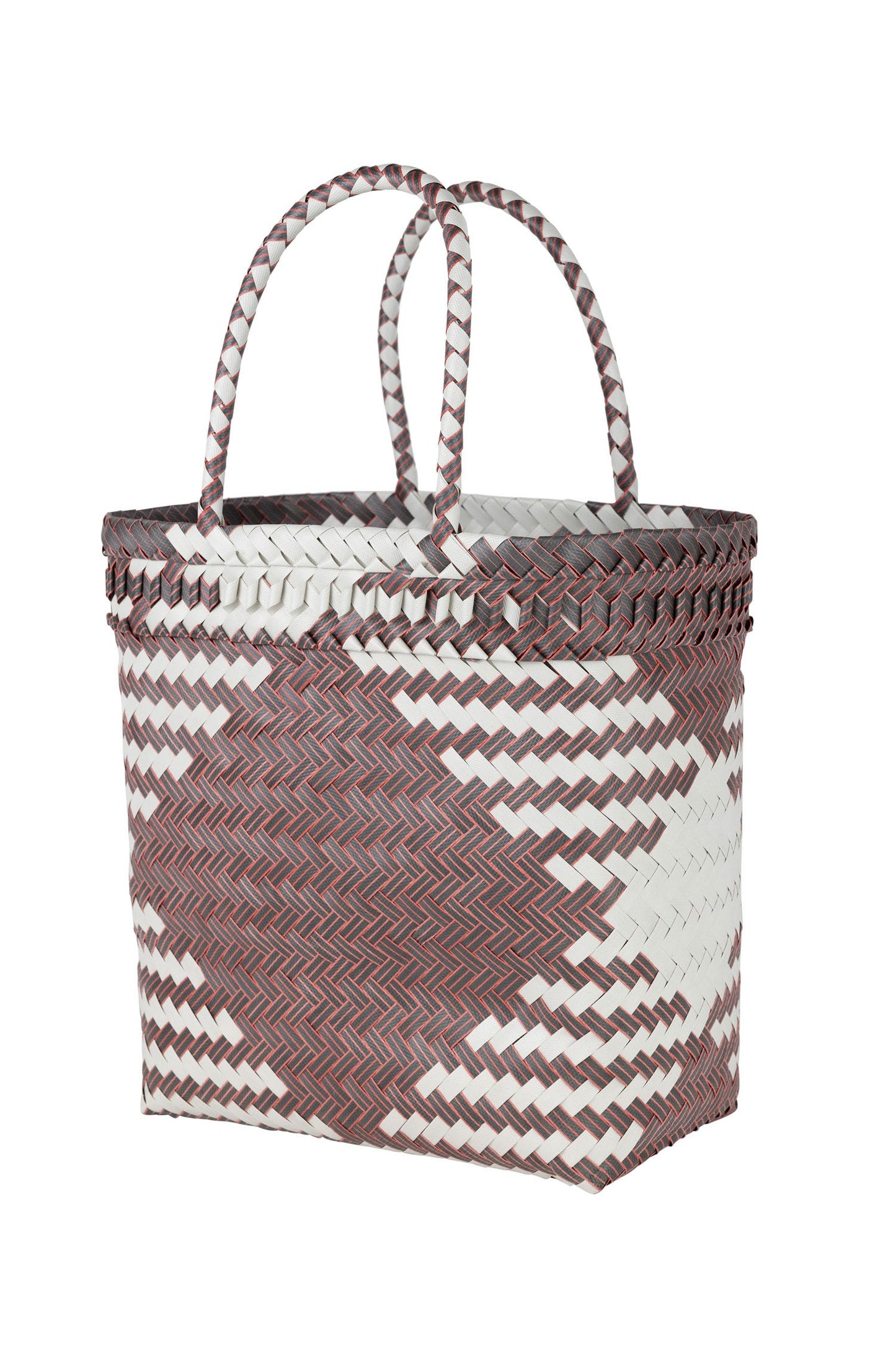 Bag tote dmnd recyc plastic straps 11Wx13H rd/wht