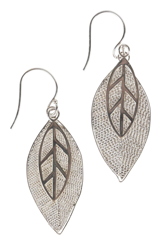 Earrings layered leaves filigree strlg 2L silv