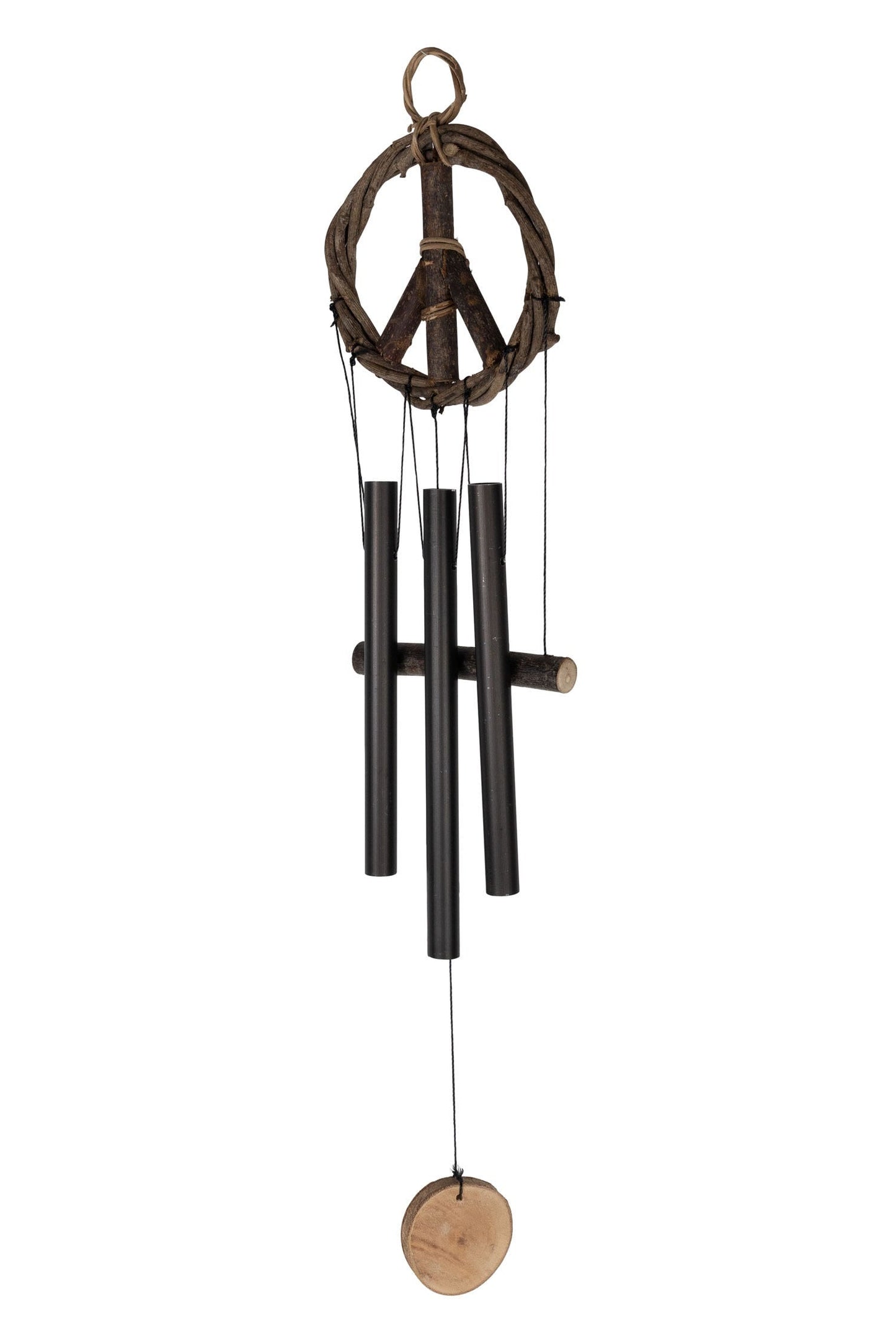 Chime peace sign 3 pipes wd/metal 4Dx18L nat/brn