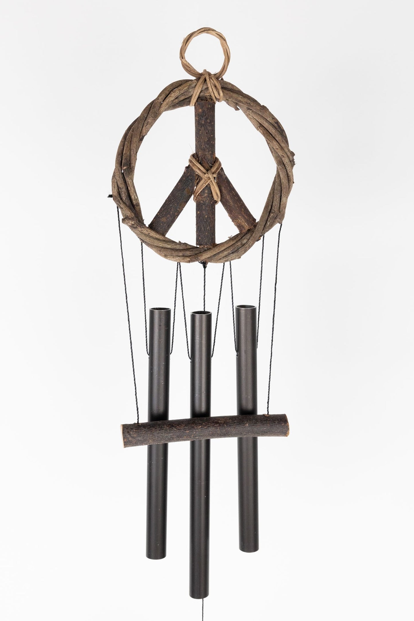 Chime peace sign 3 pipes wd/metal 4Dx18L nat/brn