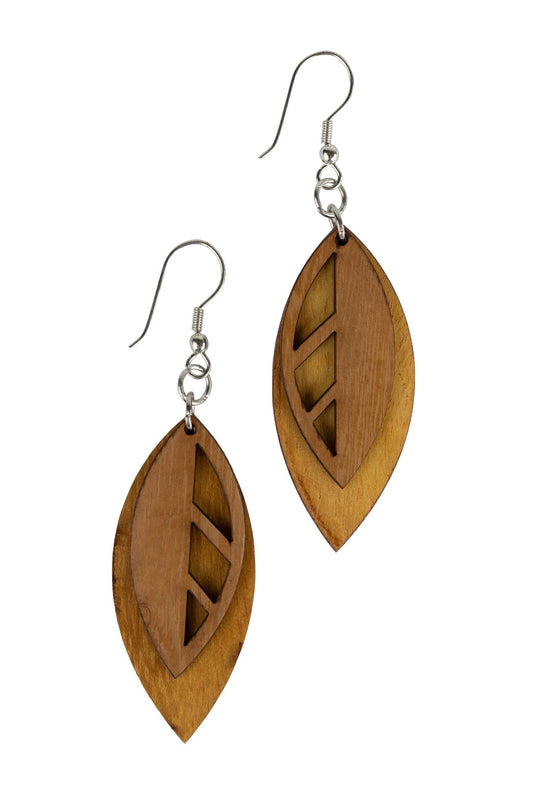 Earrings falling leaves wood/metal 3L brn/silv