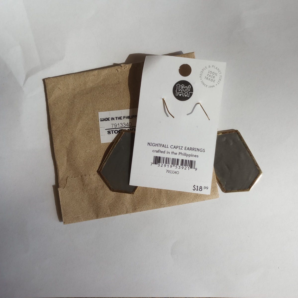 Earrings hexagon nightfall capiz 2.5Lx1W gray/gold