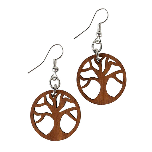 Earrings tree of life cutout wood/metal 1.75L brn