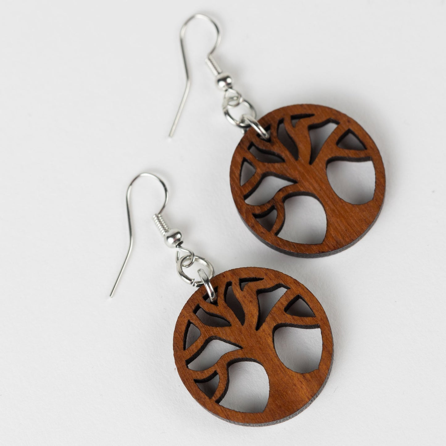 Earrings tree of life cutout wood/metal 1.75L brn