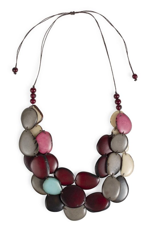 Necklace 3 tier linked tagua/cttn 34L red/brn/teal