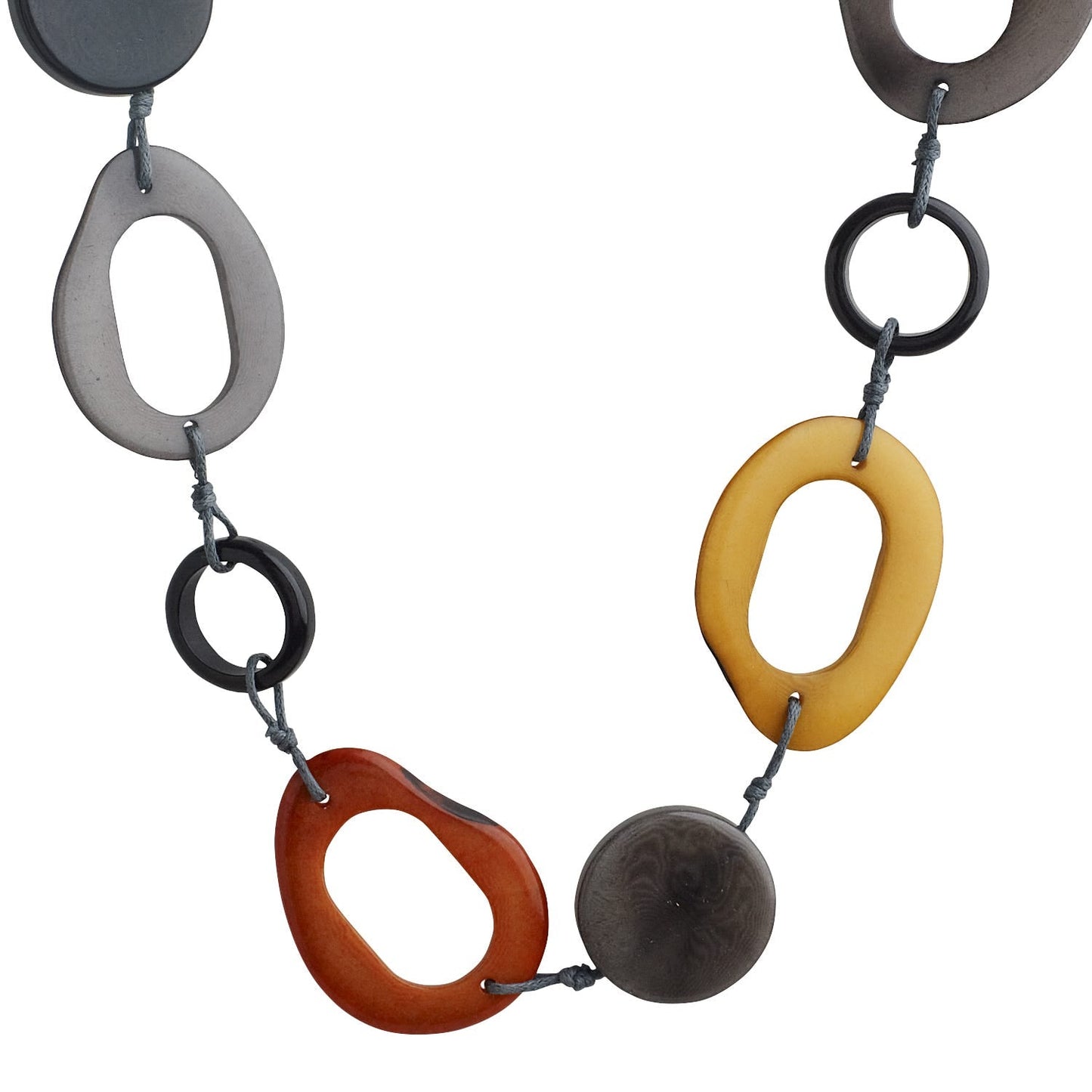 Necklace open rings/disc tagua 38L brn/yel/gray