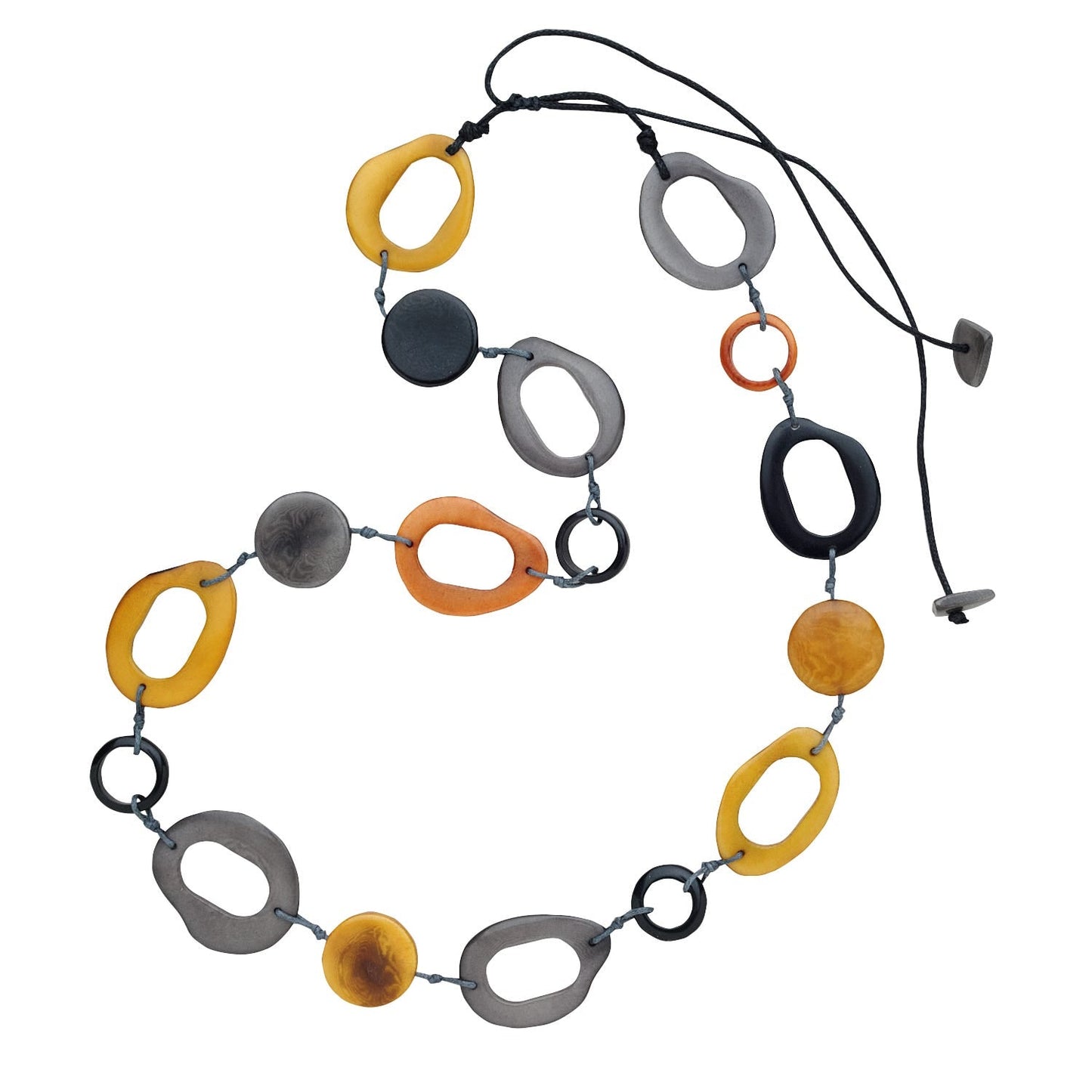 Necklace open rings/disc tagua 38L brn/yel/gray