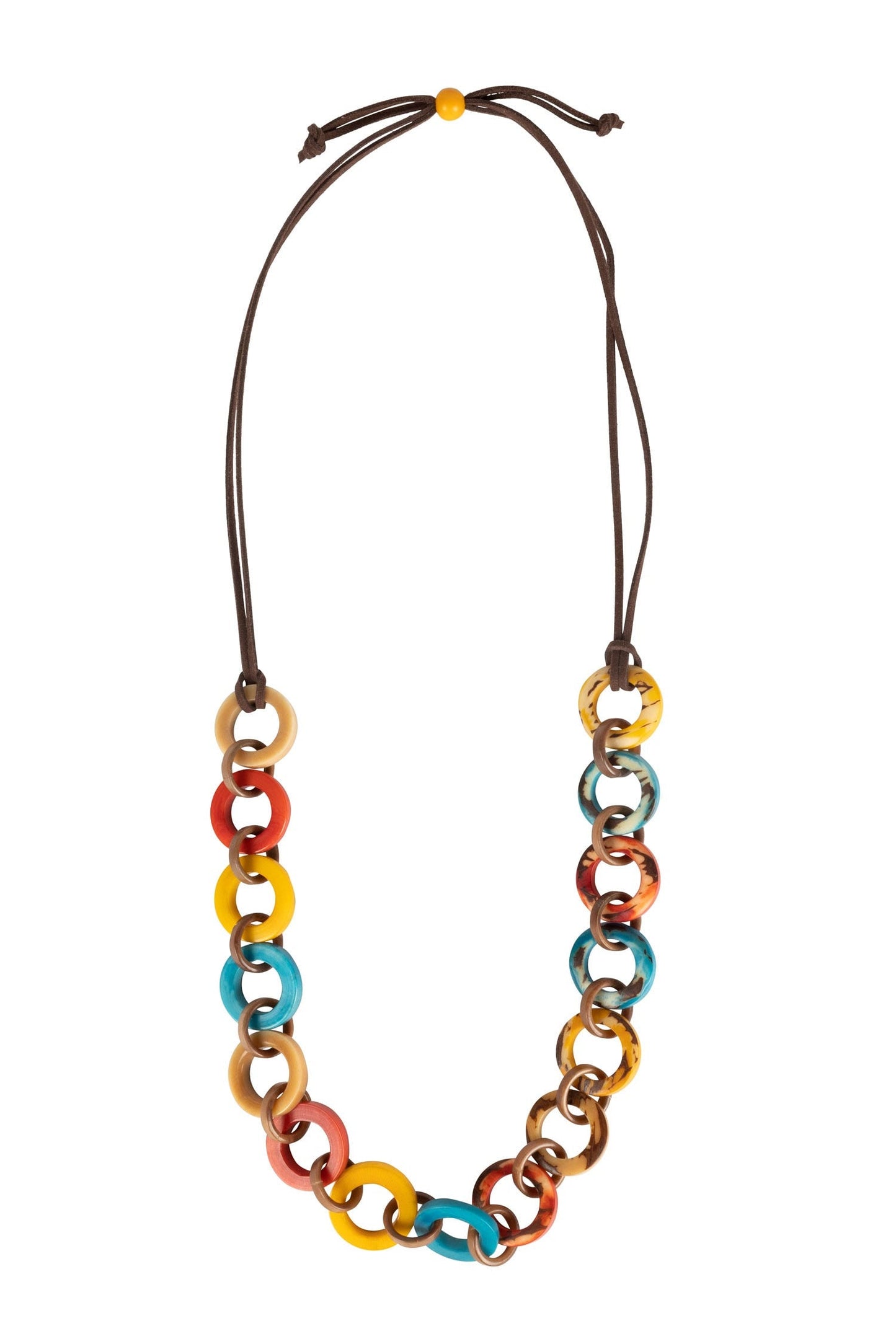 Necklace circle links tagua/leather multi/brn