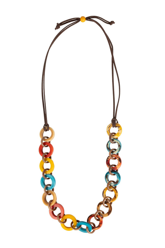 Necklace circle links tagua/leather multi/brn