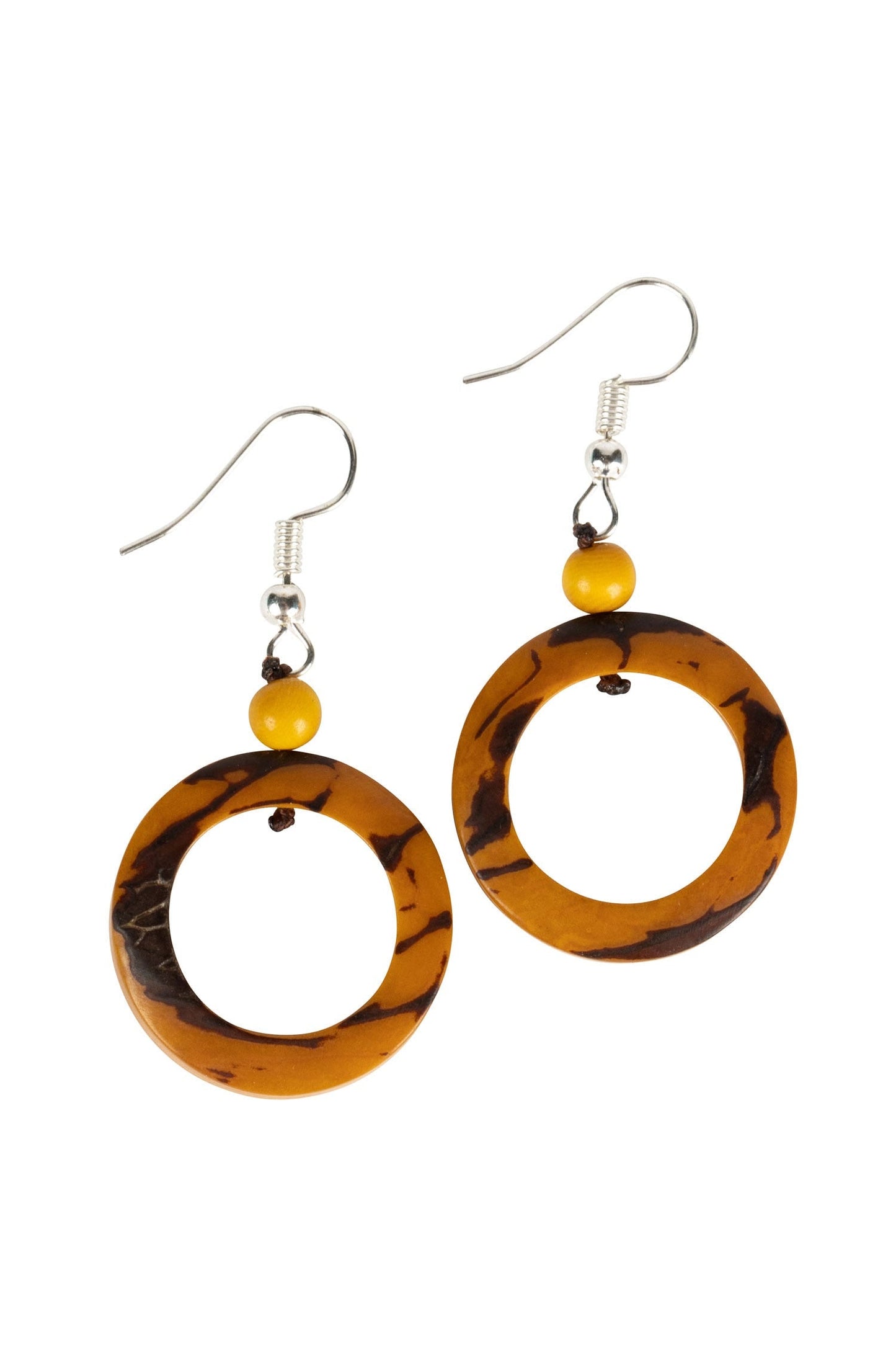 Earrings drop rings w/bd tagua 1Dx2L mustard/black