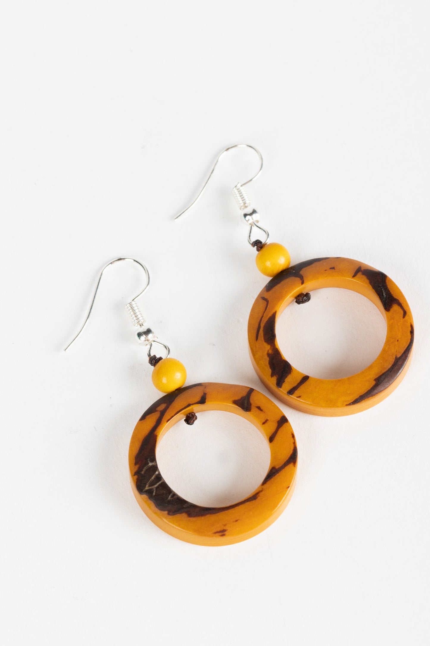 Earrings drop rings w/bd tagua 1Dx2L mustard/black