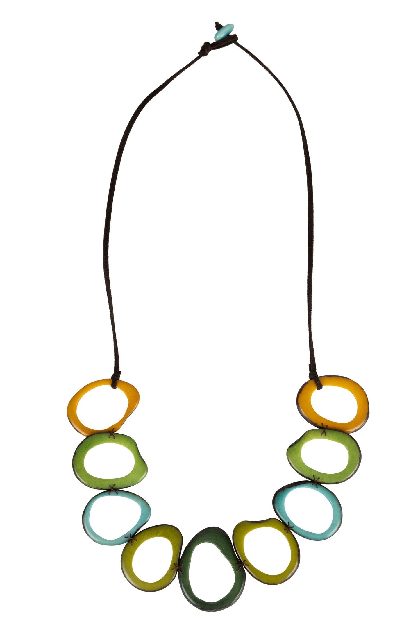 Necklace 9 linked open oval tagua/lthr 26L grn/yel