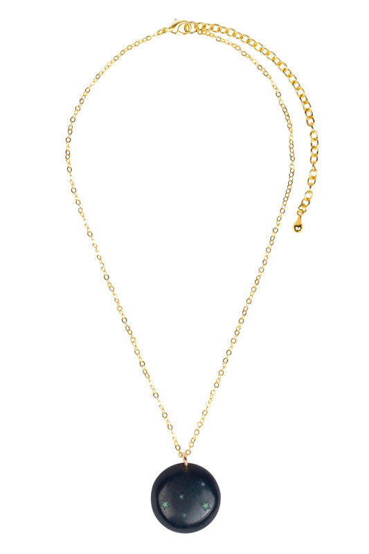Necklace starry disc pend tagua/chain 16L navy/gld