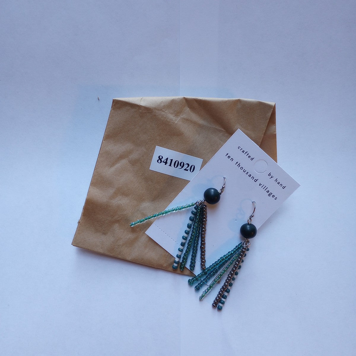 Earrings stiff tassel glass/seeds 2.75L grn/teal