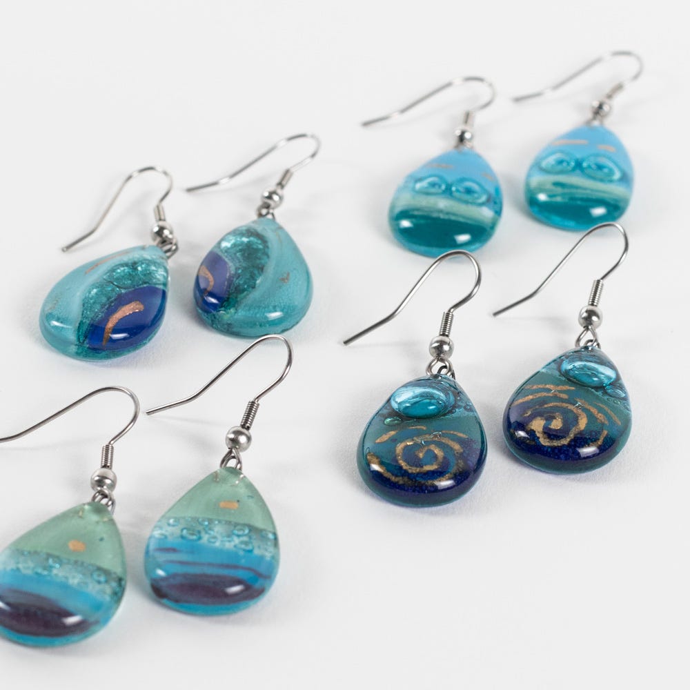 Earrings tear drop bubble glass 1.75L asst/blu/grn
