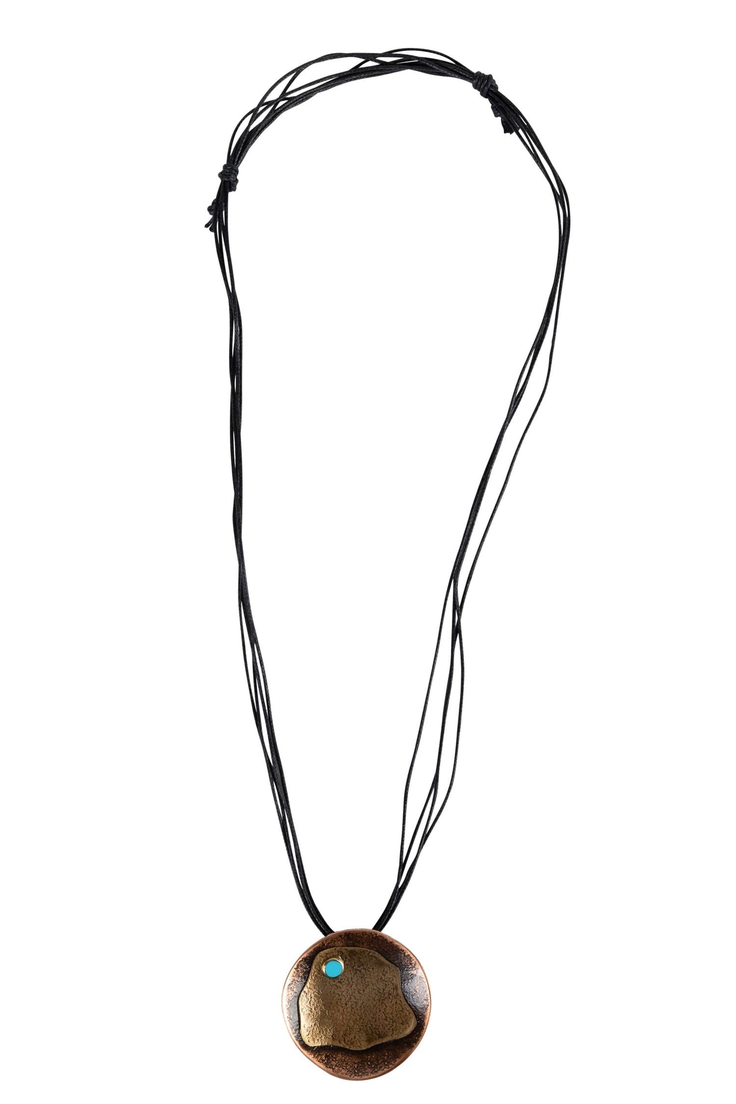 Necklace disc/dot hammered cppr/cord 1.8D cppr/blu
