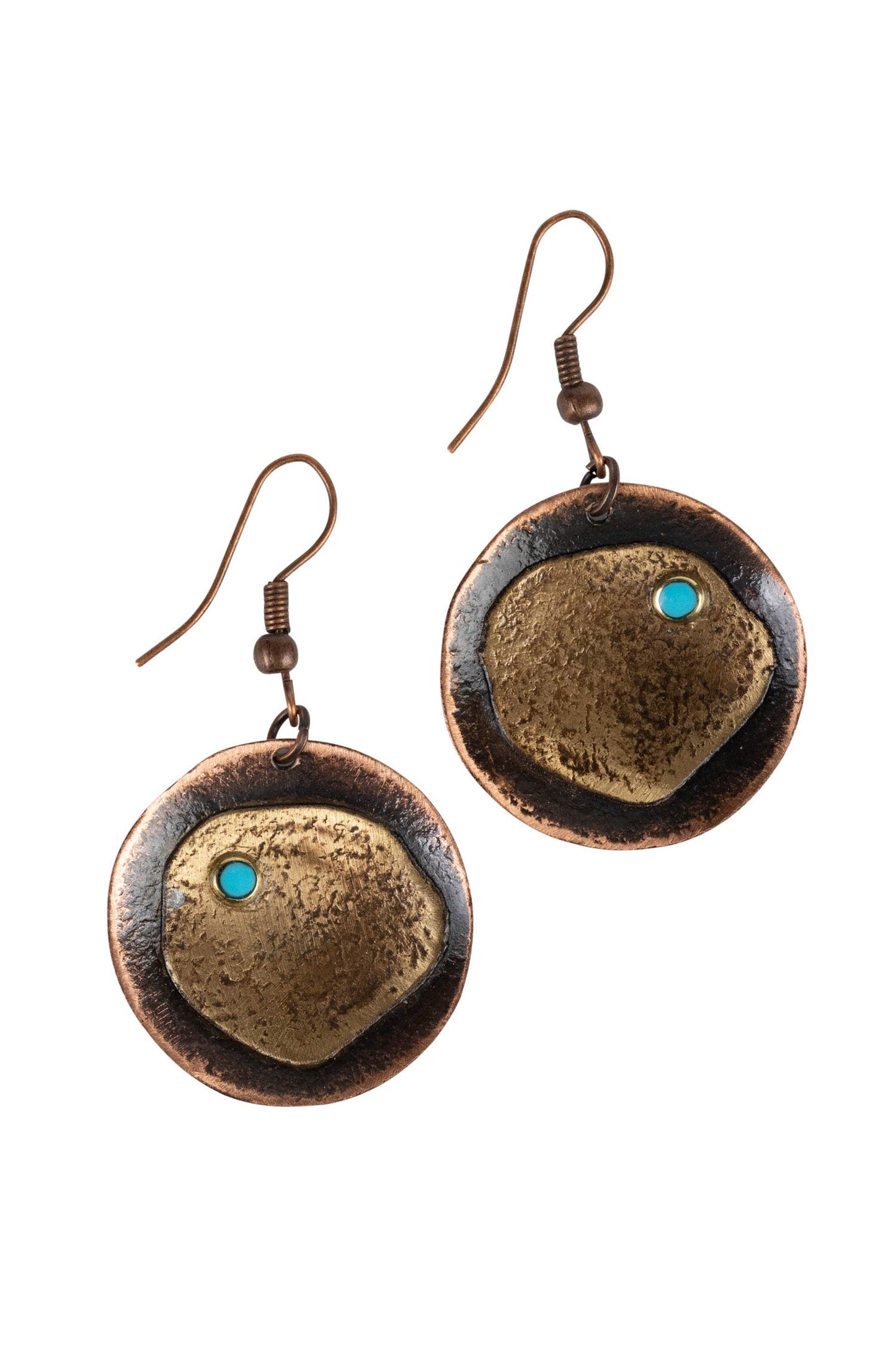 Earrings disc/dot hammered cppr 1Dx1.75L cppr/blu