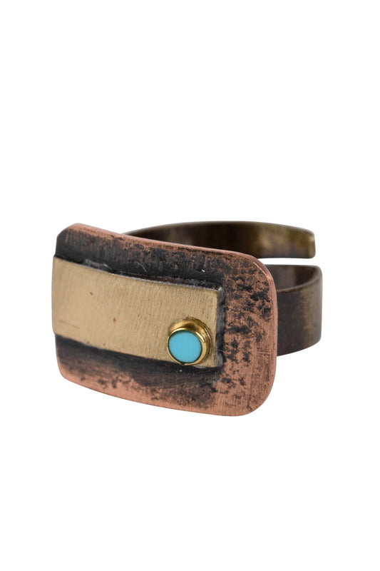 Ring cuff rect/dot hammered cppr .75L cppr/blu