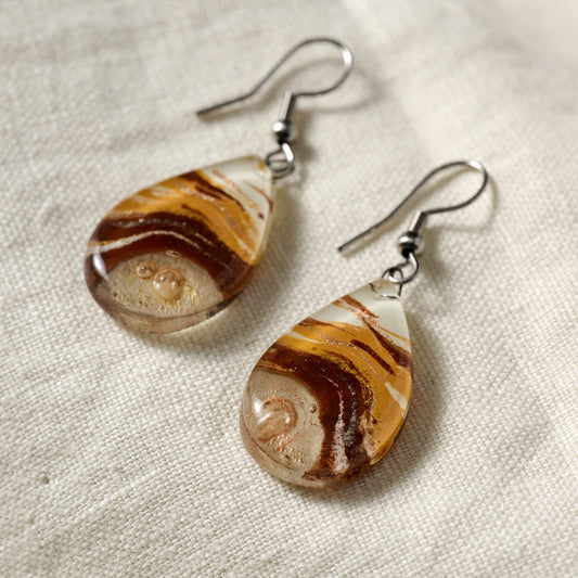 Earrings T-drop fused glss/steel 1.75L tan/rd/silv