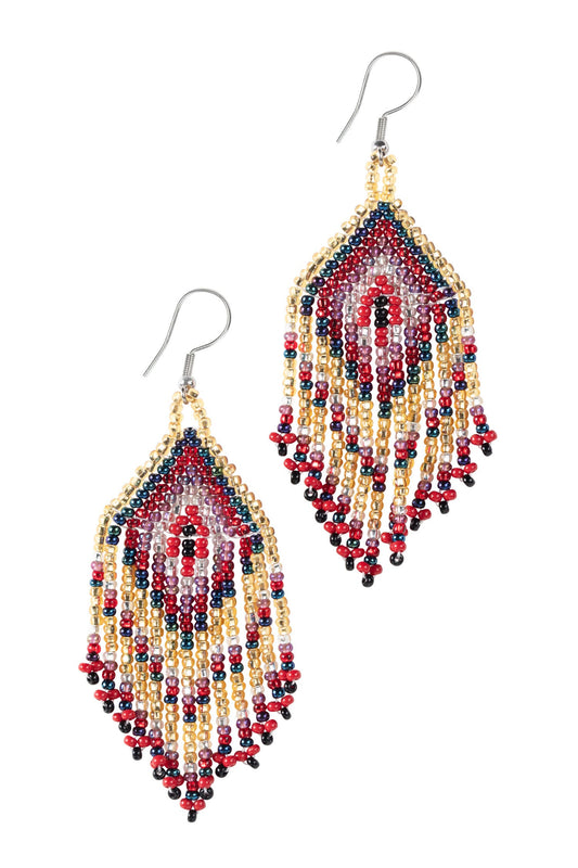 Earrings diamond fringes beads 3.25L red/gold/navy