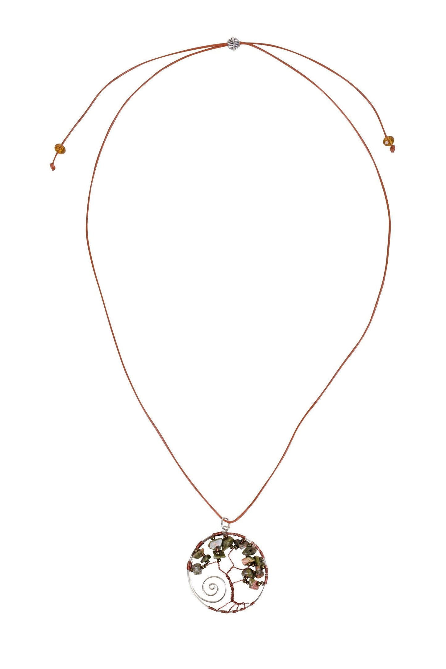 Necklace tree in circle stone chips/cord 28L olive