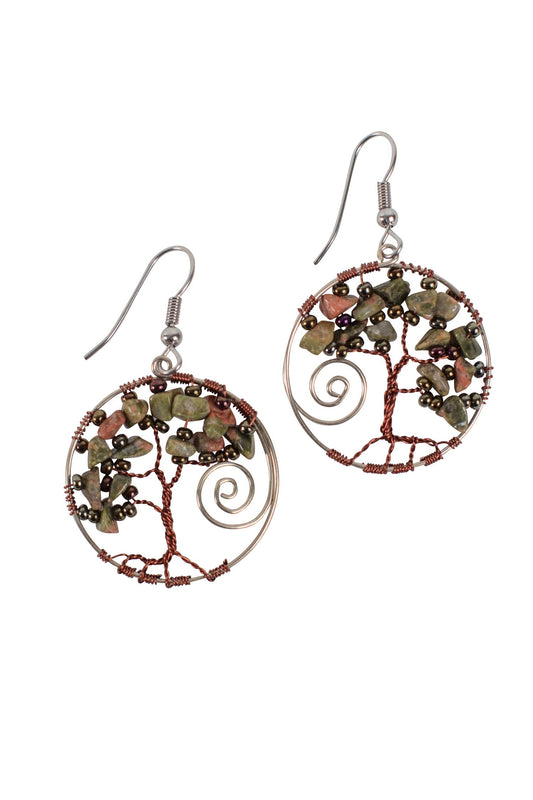 Earrings tree in circle stones/wire 1D olive/green
