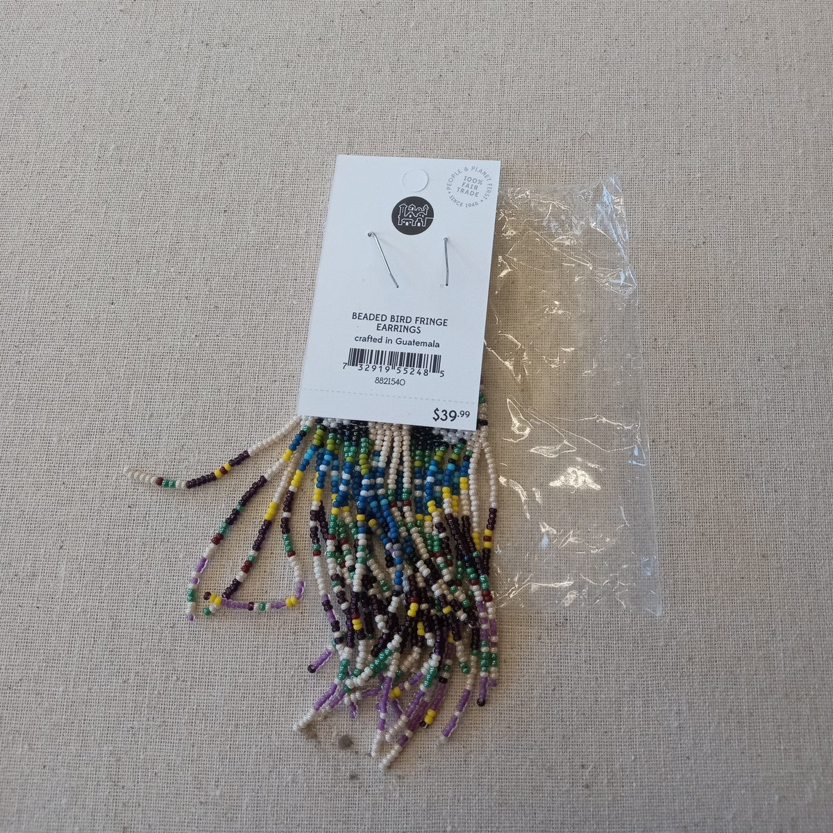 Earrings fringe beaded bird st/glass 6L multi