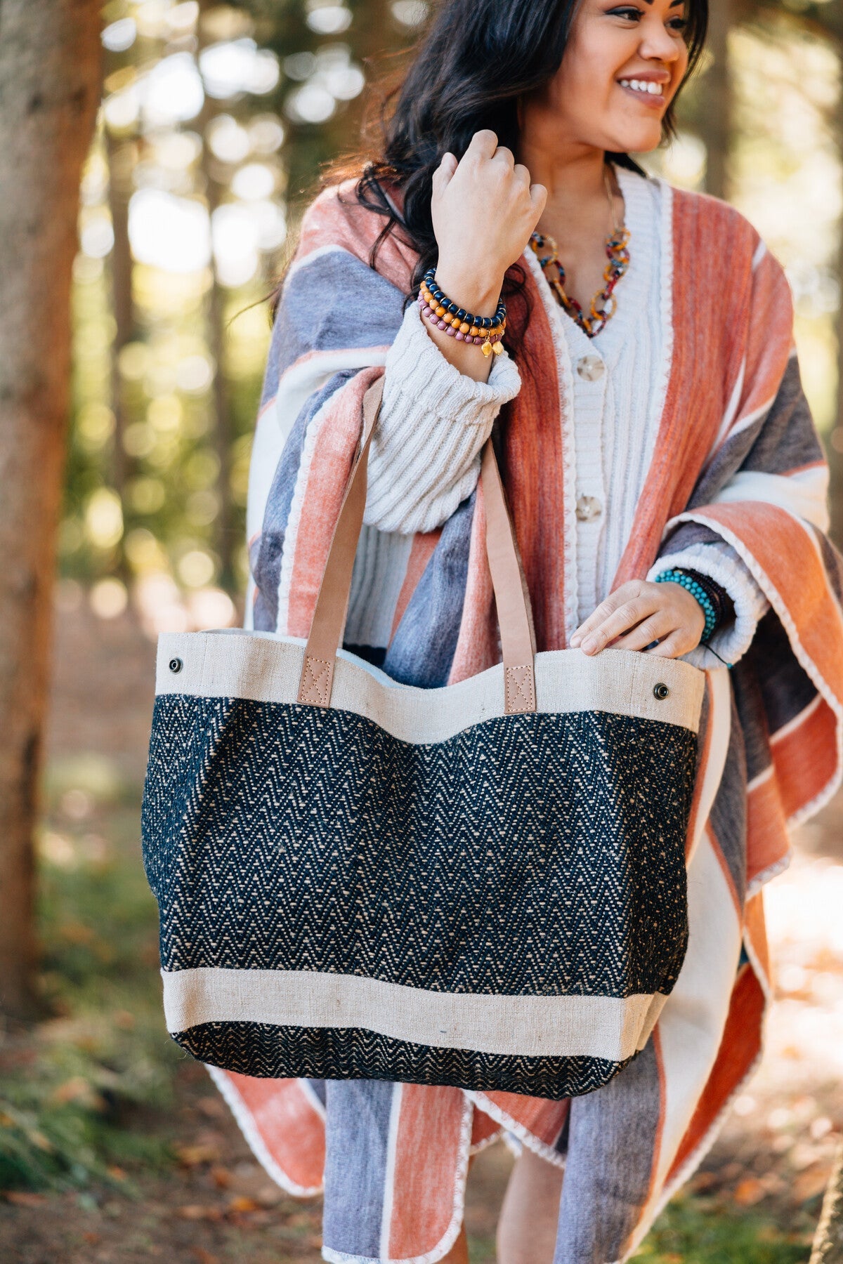 Bag tote sable jute/cotton/leather 15Wx13H blk/crm