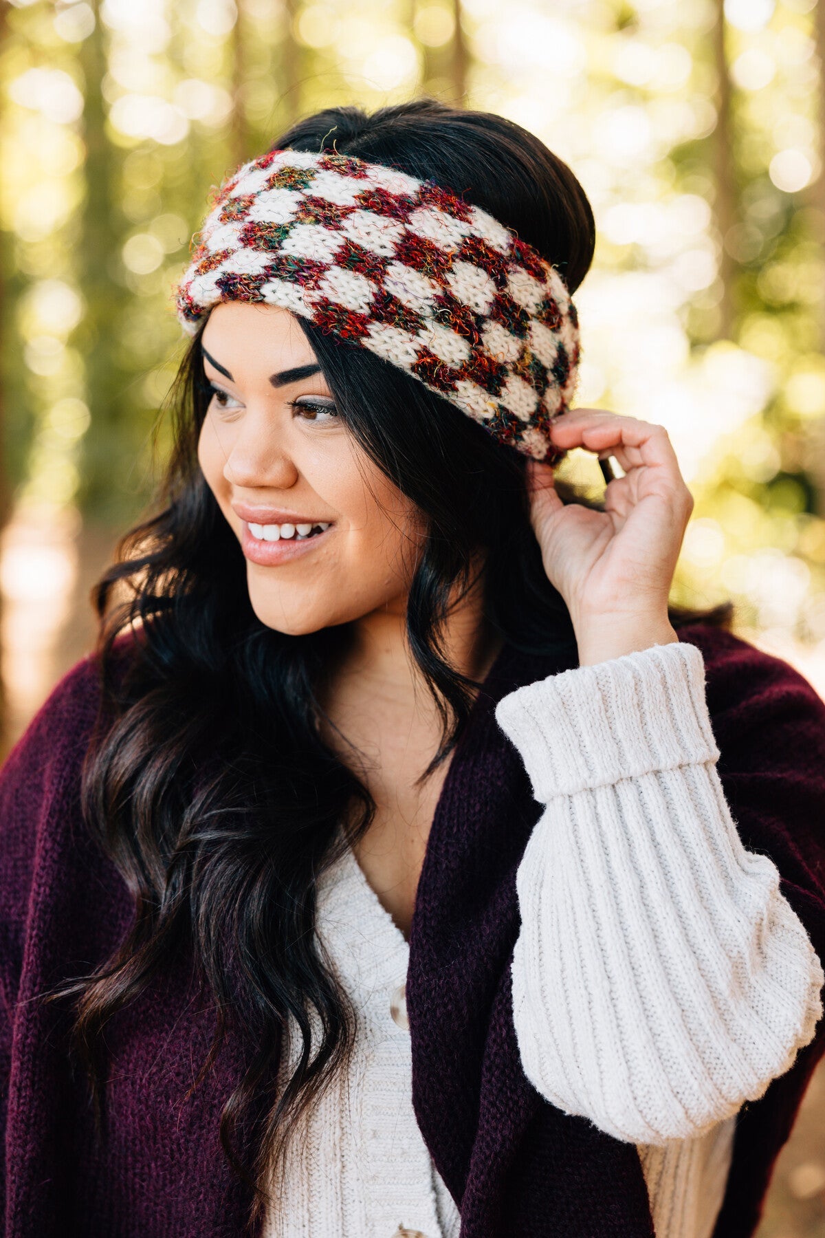 Headband checkerboard wool/silk 4W crm/red/blk/grn