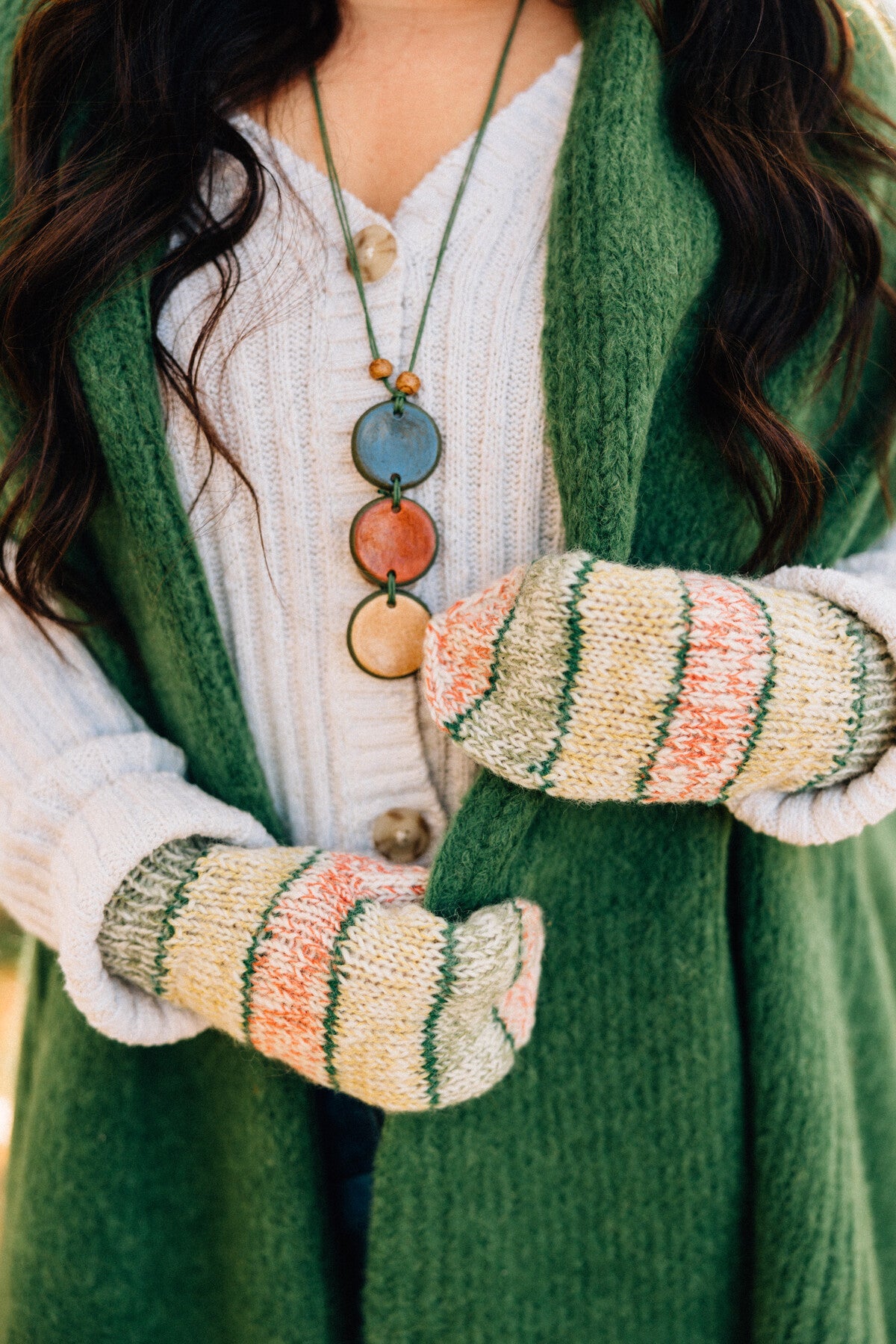 Mittens striped wool/cotton green/red/yellow/white