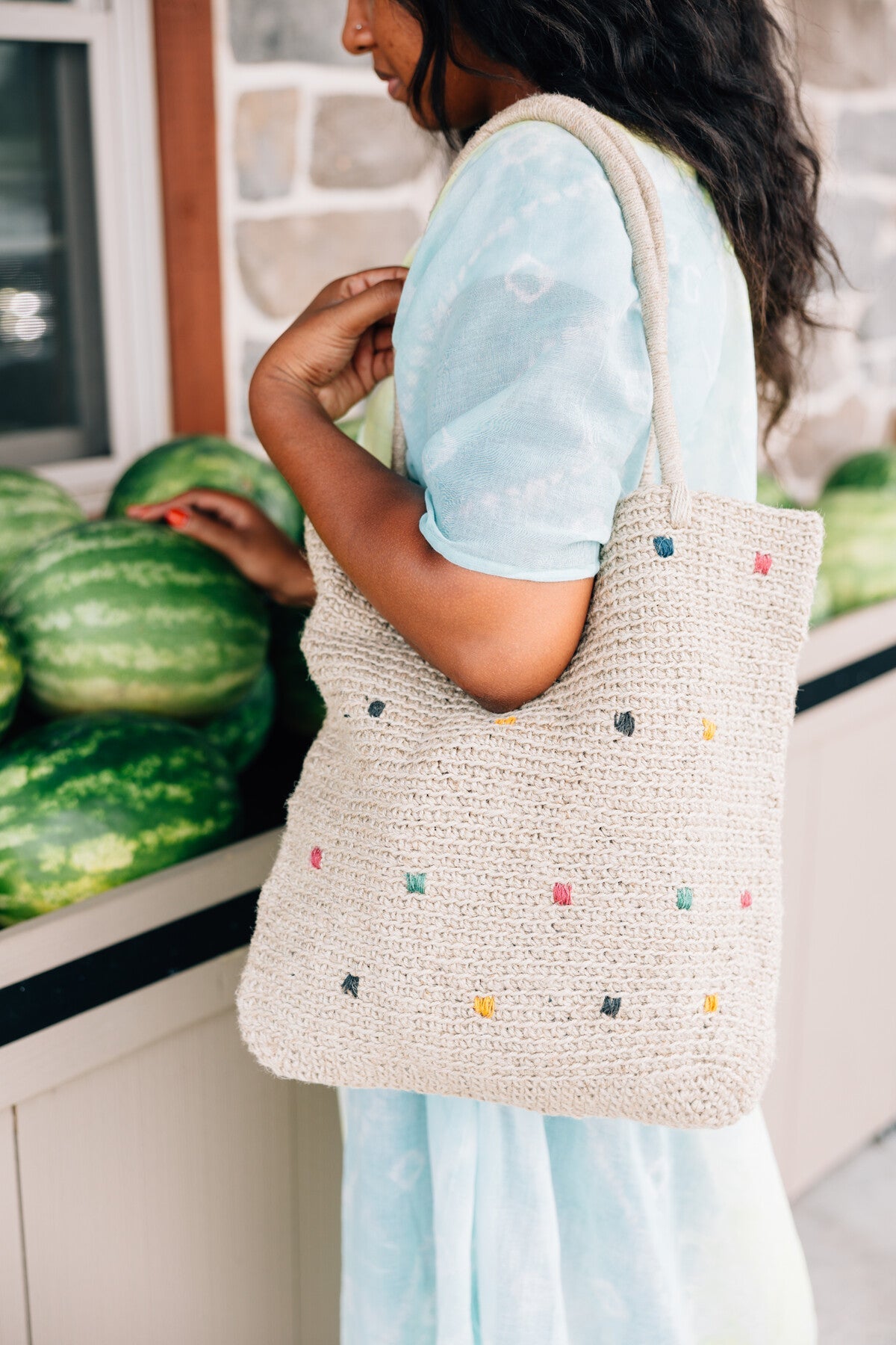 Bag shoulder dots jute 16Wx13.75H nat/asst