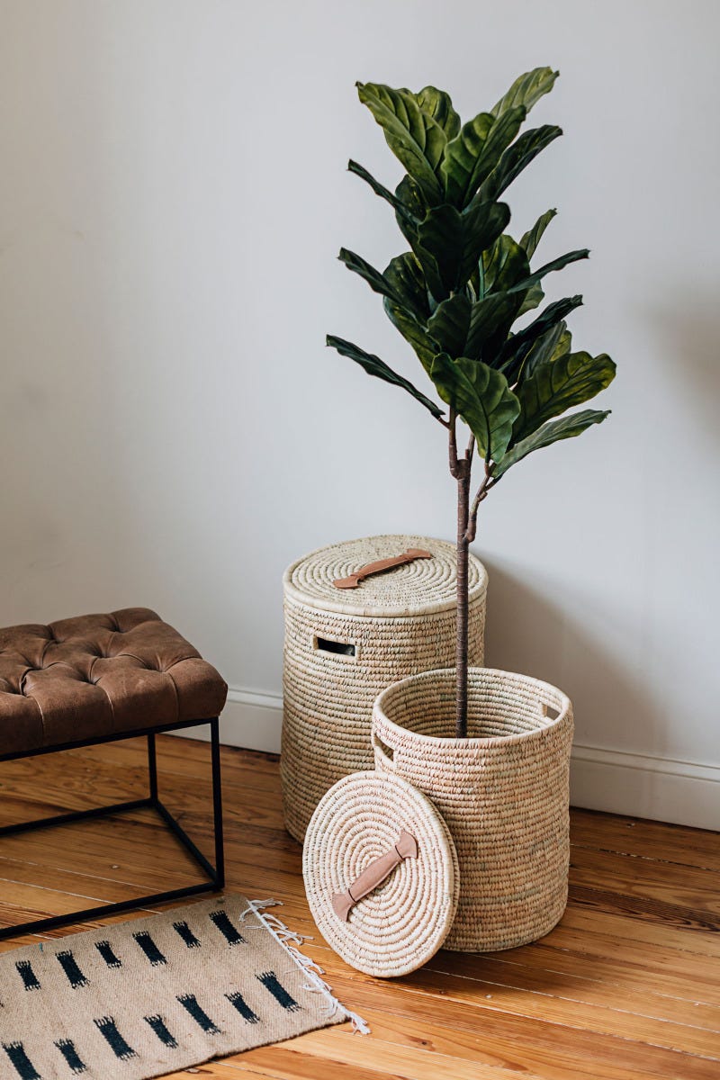 Basket hamper w/lid palm leaf/leather 15Dx20H nat